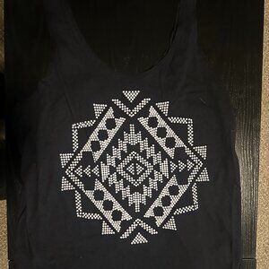 Black Boho Tank Top with Geometric Rhinestone Design
